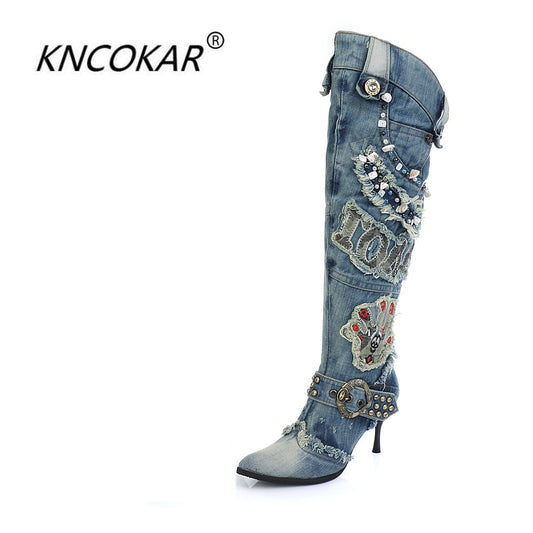 KNCOKAR Denim Wash Knee-High Stiletto Boots