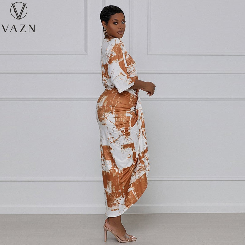 VAZN Asymmetrical Vintage V-Neck Maxi Dress