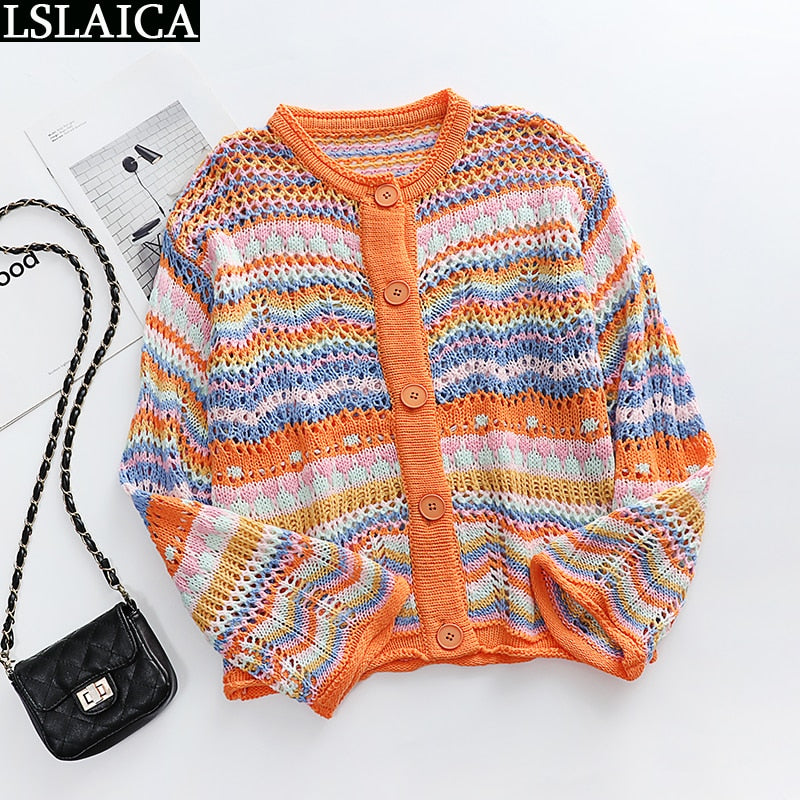Slim Rainbow Striped Patchwork Cardigan