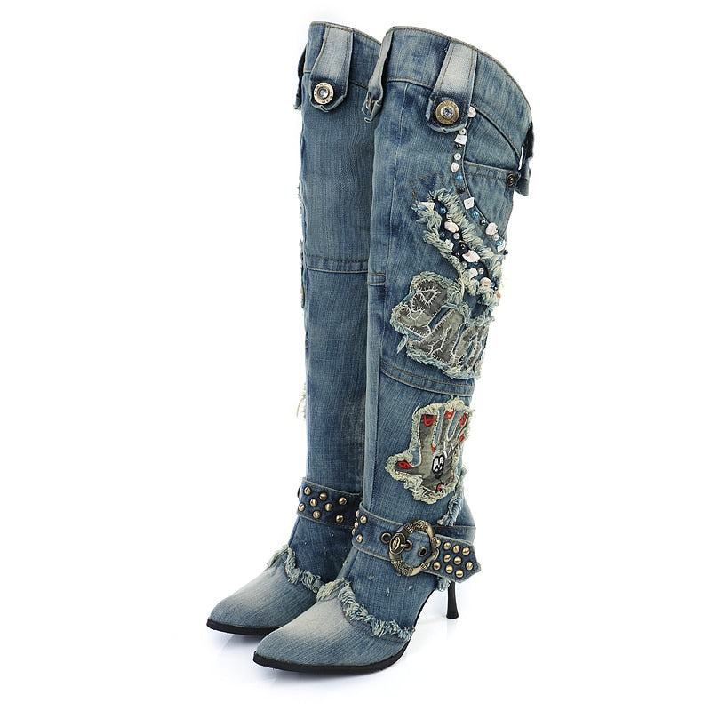 KNCOKAR Denim Wash Knee-High Stiletto Boots