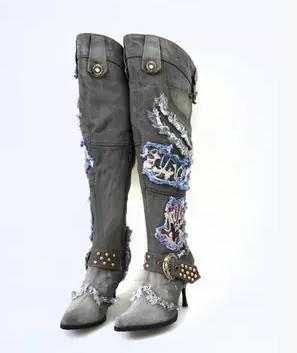 KNCOKAR Denim Wash Knee-High Stiletto Boots