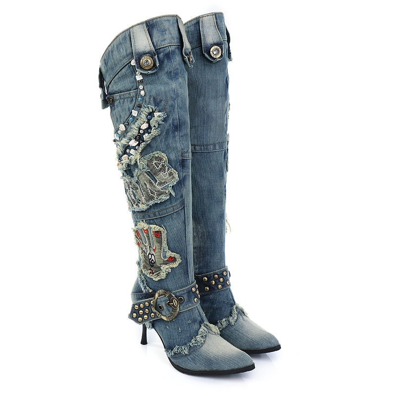 KNCOKAR Denim Wash Knee-High Stiletto Boots