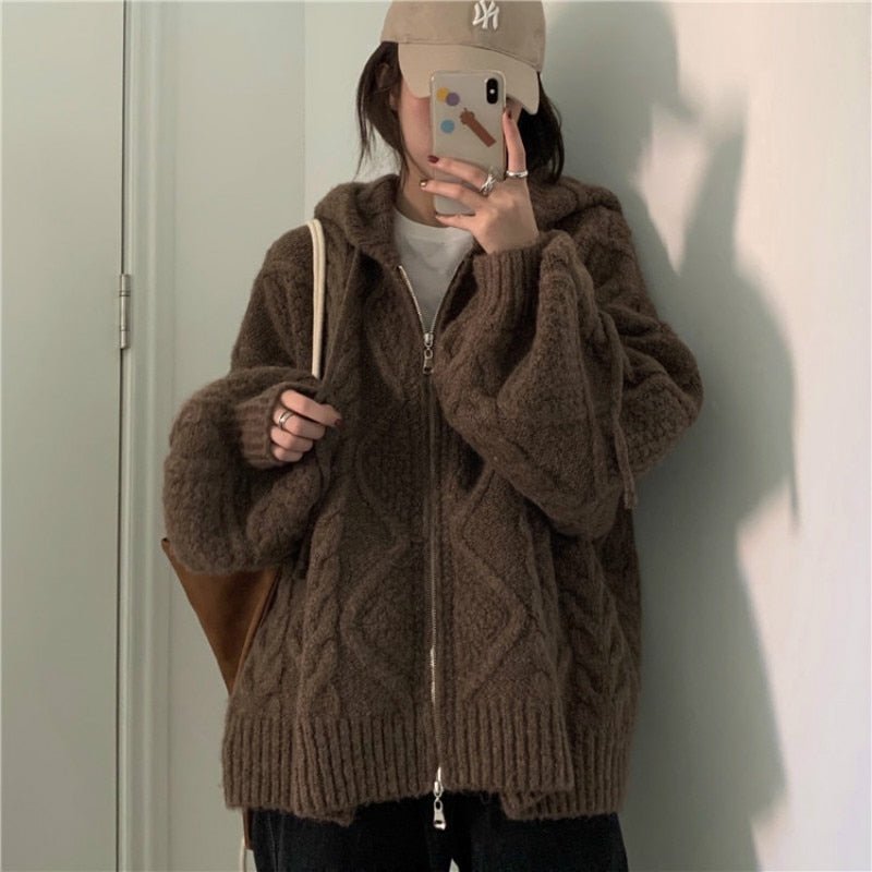 Oversized Hooded Knit Zipper Cardigan