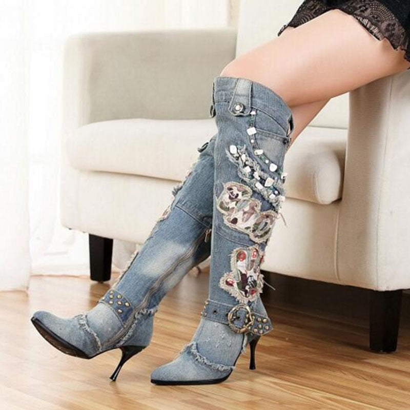 KNCOKAR Denim Wash Knee-High Stiletto Boots