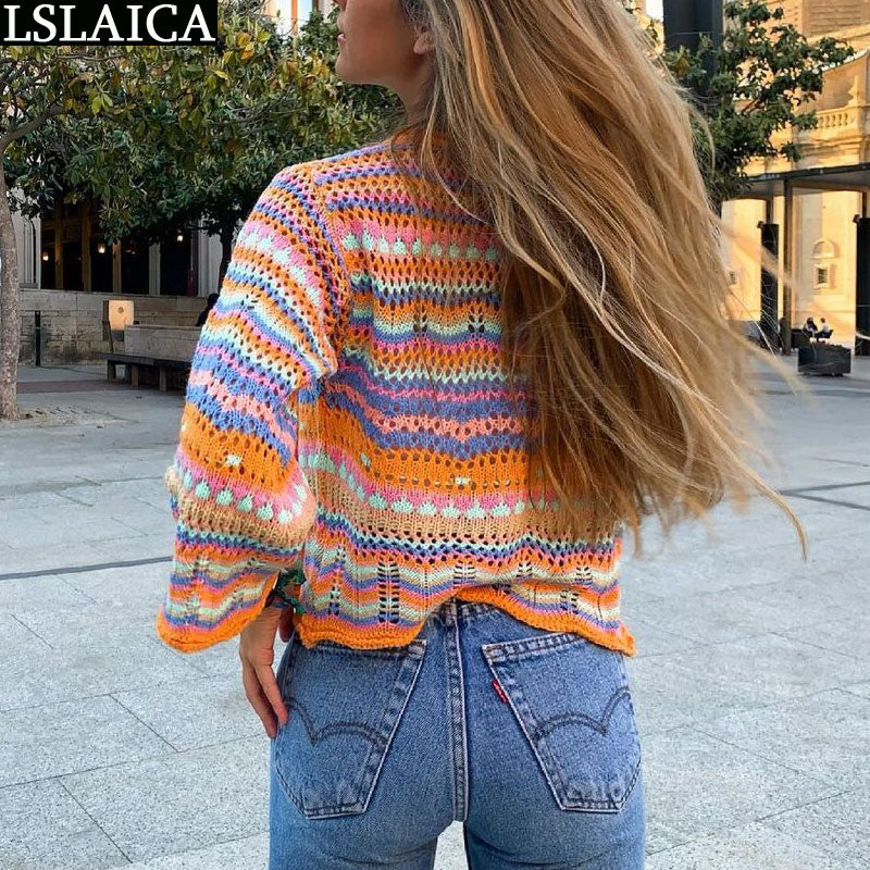 Slim Rainbow Striped Patchwork Cardigan