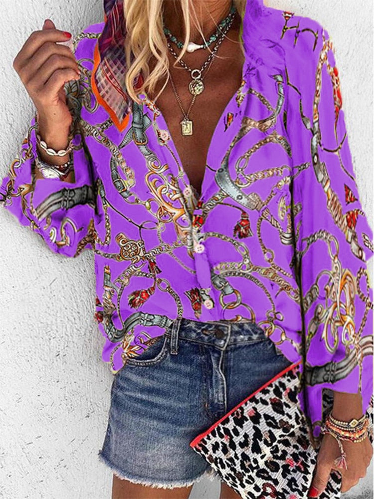 Chains Print Button Down Blouse