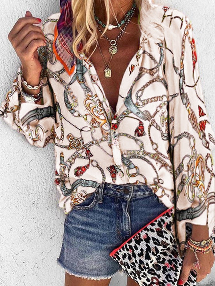 Chains Print Button Down Blouse