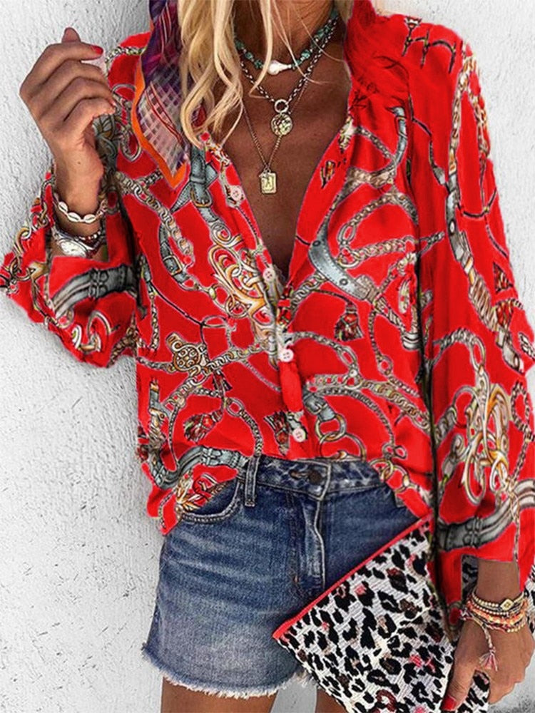 Chains Print Button Down Blouse