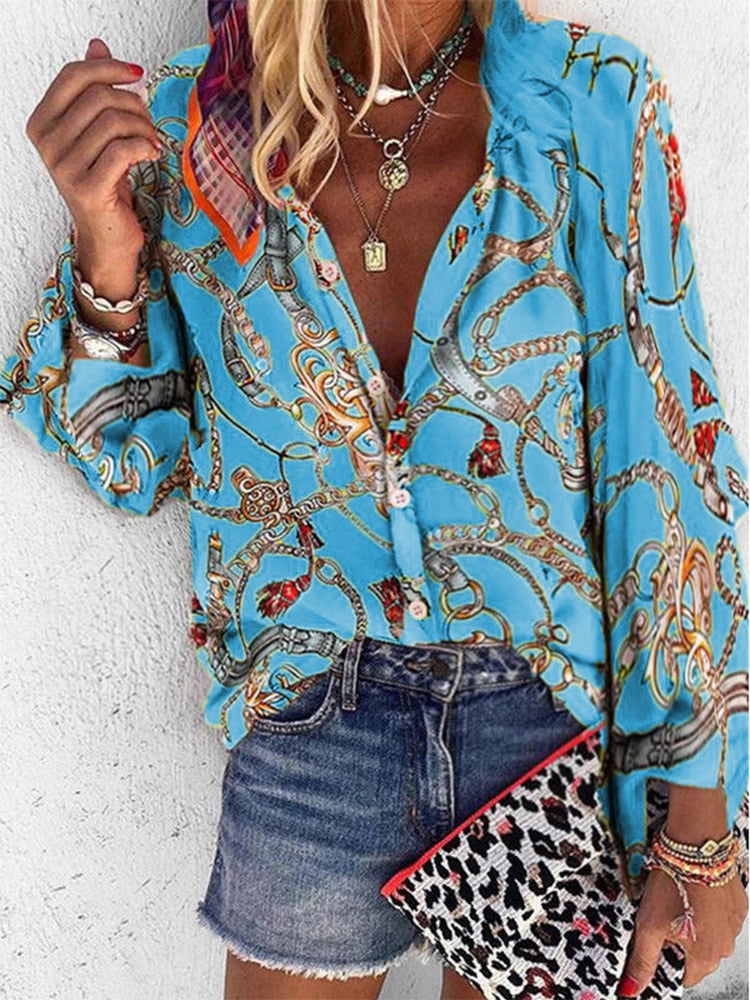 Chains Print Button Down Blouse