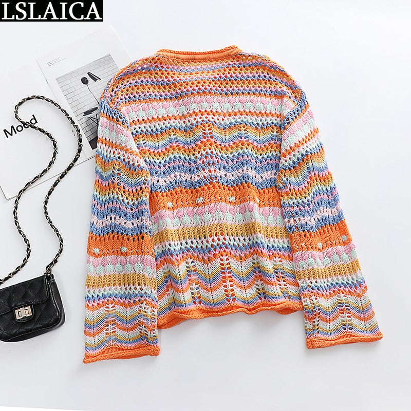 Slim Rainbow Striped Patchwork Cardigan